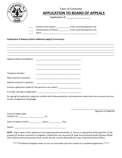 First page of the Application to Board of Appeals