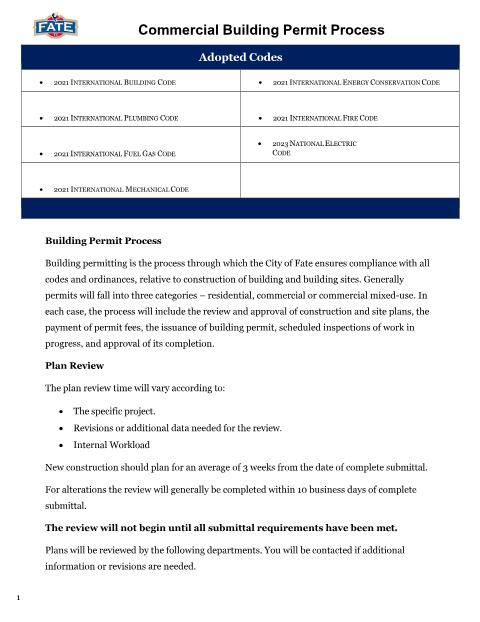 First page of the Commercial Building Permit Packet