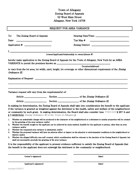 First page of the Request for Area Variance