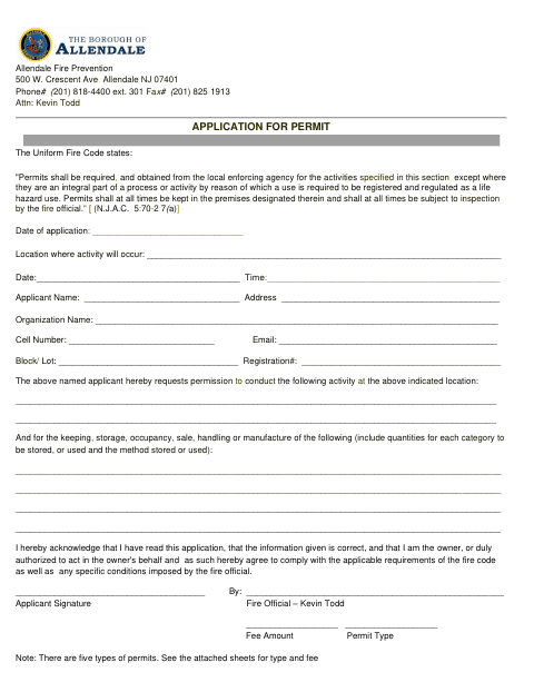 First page of the Fire Prevention Permit Application