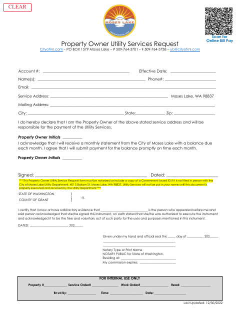First page of the Property Owner Utility Services Request