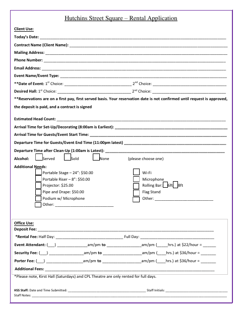 First page of the Hutchins Street Square Rental Application