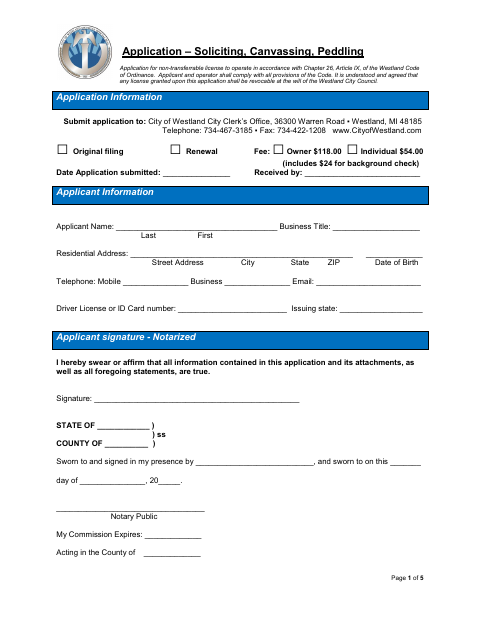 First page of the Soliciting, Canvassing, and Peddling License Application
