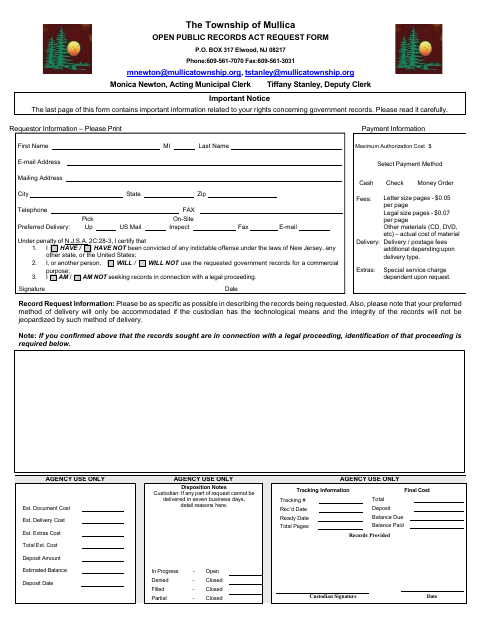 First page of the Open Public Records Act Request Form