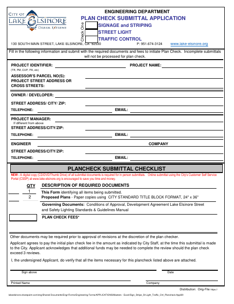 First page of the Signing, Striping, and Traffic Control Plan Check Submittal Application