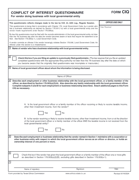 First page of the Vendor Conflict of Interest Questionnaire (Form CIQ)