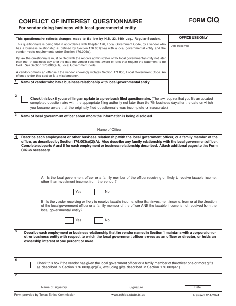 First page of the Conflict of Interest Questionnaire