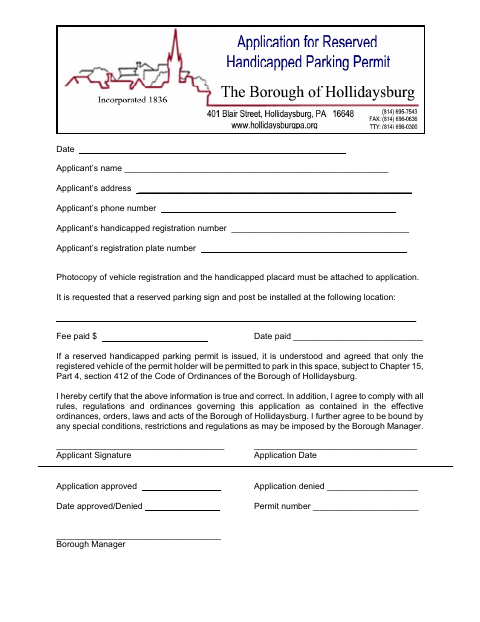 First page of the Reserved Handicapped Parking Space Permit Application