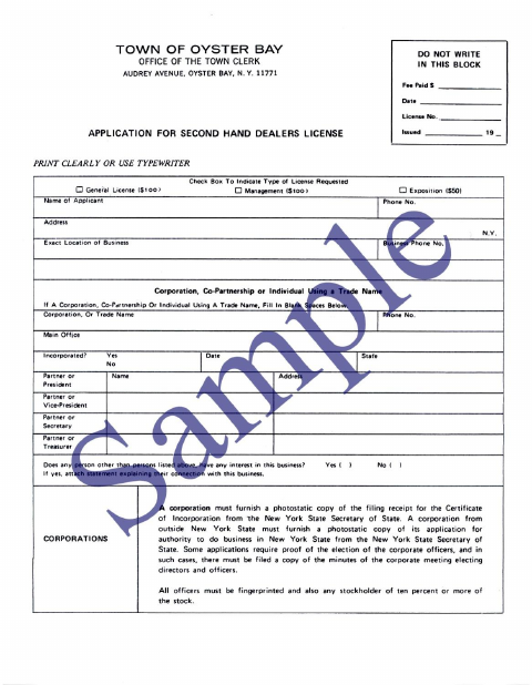 First page of the Second-Hand Dealer License Application