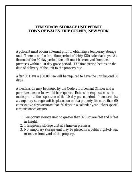 First page of the Temporary Storage Unit Permit