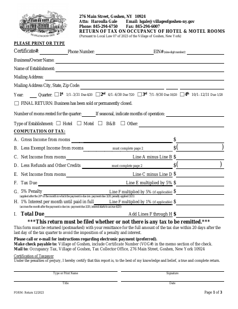 First page of the Return of Tax on Occupancy of Hotel and Motel Rooms