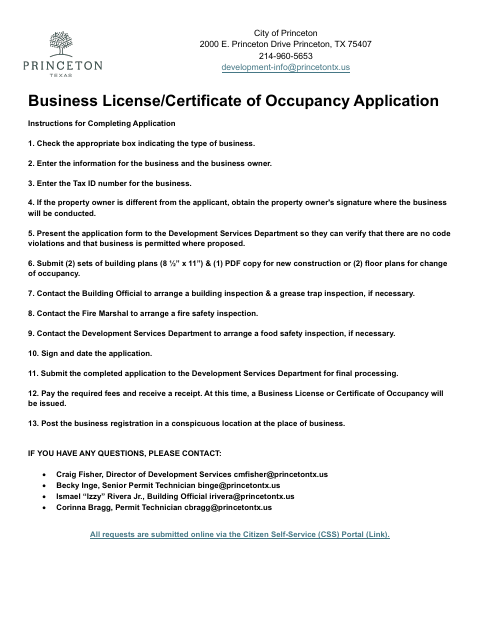 First page of the Business License/Certificate of Occupancy Application