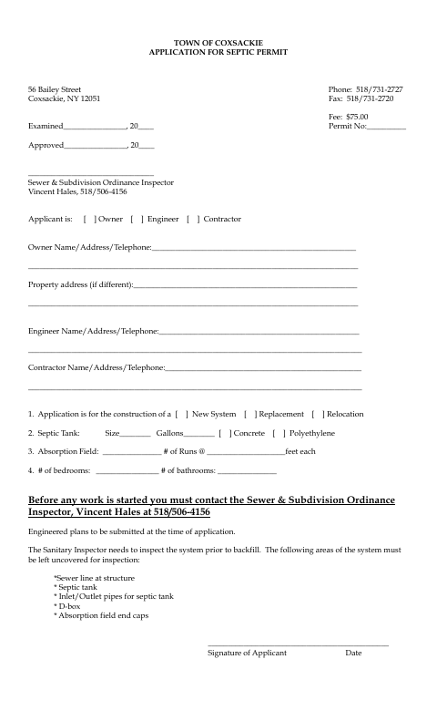 First page of the Application for Septic Permit