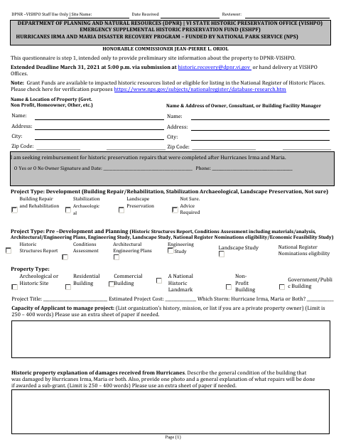 First page of the Preliminary Site Information Questionnaire