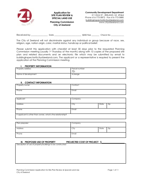 First page of the Planning Commission Application for Site Plan Review & Special Land Use