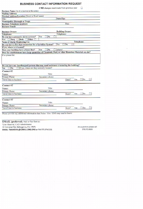 First page of the Business Contact Information Request