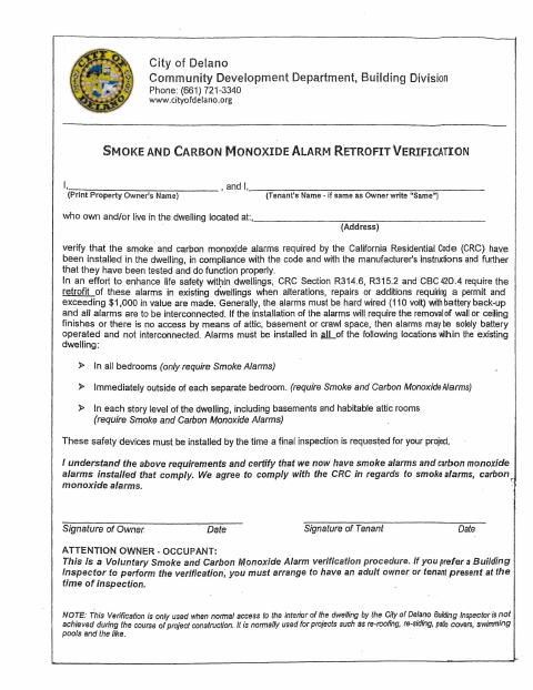 First page of the Smoke and Carbon Monoxide Alarm Retrofit Verification