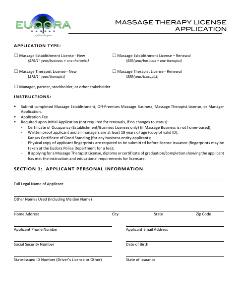 First page of the Massage Establishment and Therapist License Application