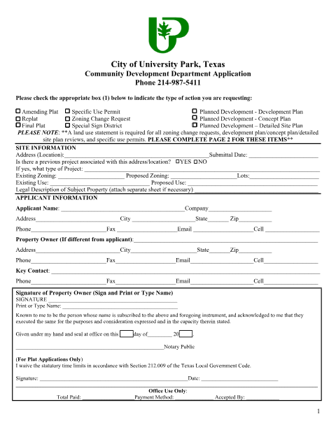 First page of the Planning and Zoning Commission Application