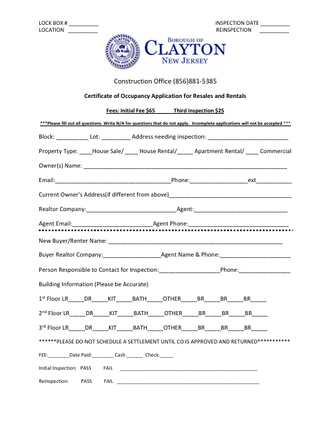 First page of the Certificate of Occupancy Application for Resales and Rentals