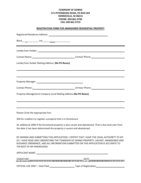 First page of the Registration Form for Abandoned Residential Property