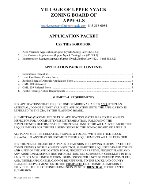 First page of the Zoning Board of Appeals Application