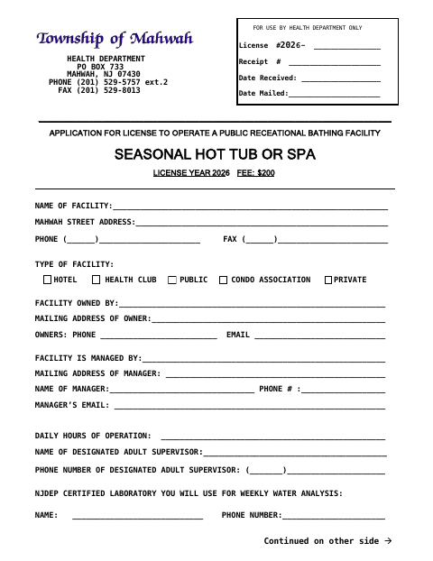 First page of the Seasonal Hot Tub or Spa License Application