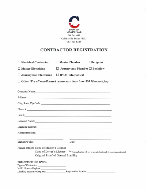 First page of the Contractor Registration Application