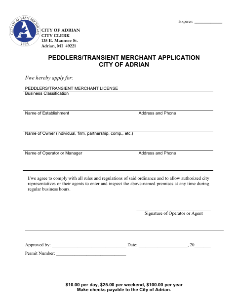 First page of the Peddlers/Transient Merchant Application