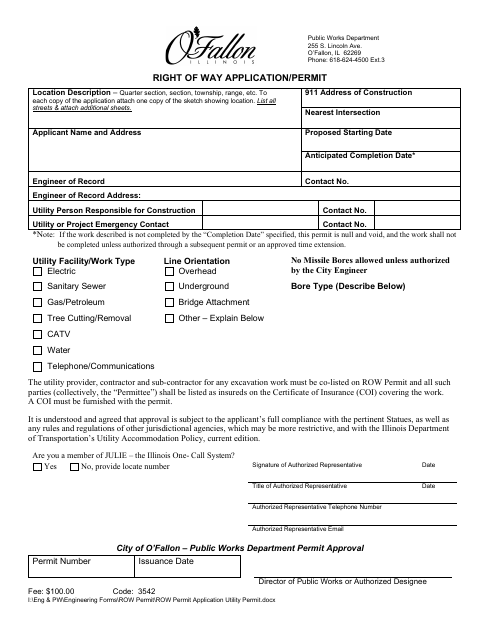 First page of the Right of Way Application/Permit