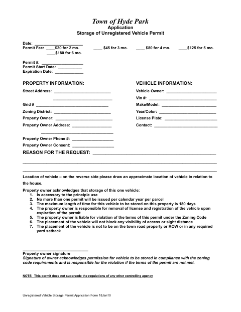 First page of the Application for Storage of Unregistered Vehicle