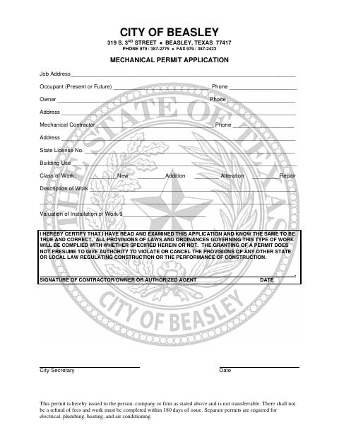 First page of the Mechanical Permit Application