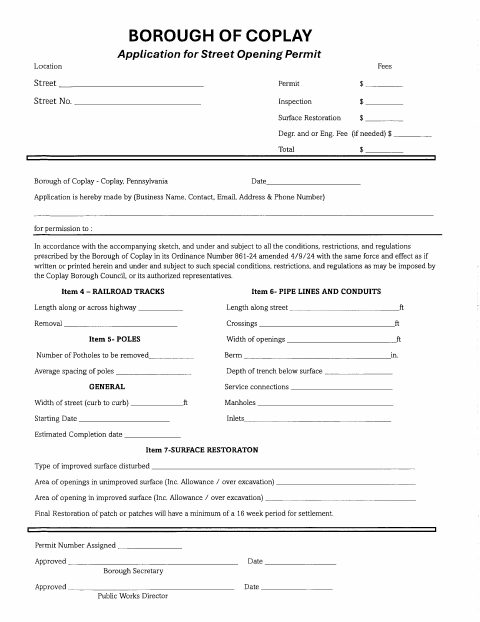 First page of the Street Opening Permit Application