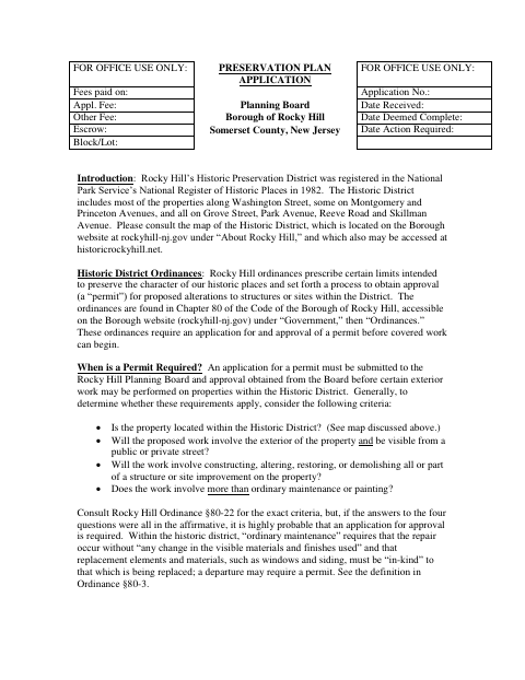 First page of the Preservation Plan Application