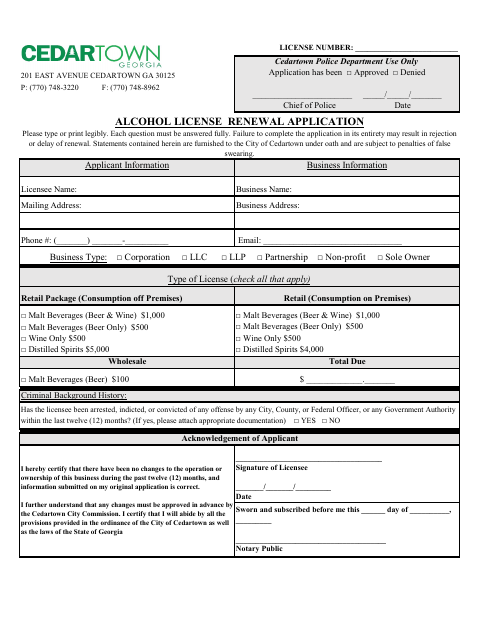 First page of the Alcohol License Renewal Application