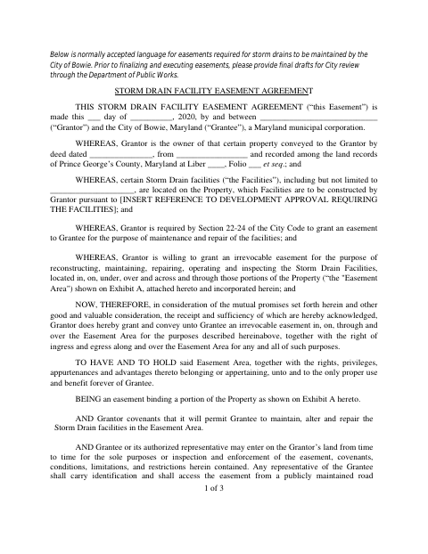 First page of the Storm Drain Facility Easement Agreement