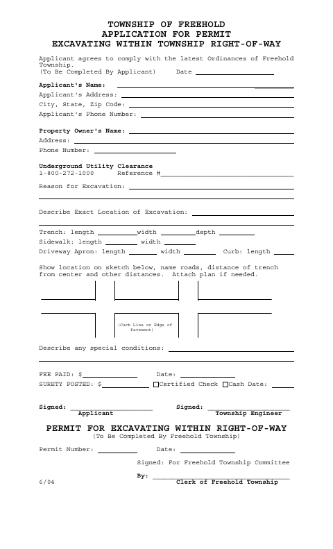 First page of the Application for Permit Excavating Within Township Right-of-Way