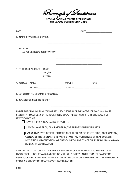 First page of the Special Parking Permit Application for Woodlawn Parking Area