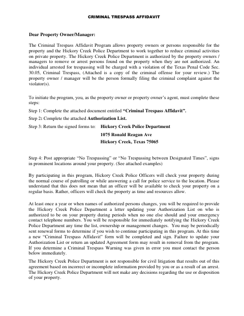 First page of the Criminal Trespass Affidavit