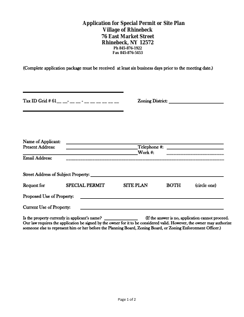 First page of the Application for Special Permit or Site Plan