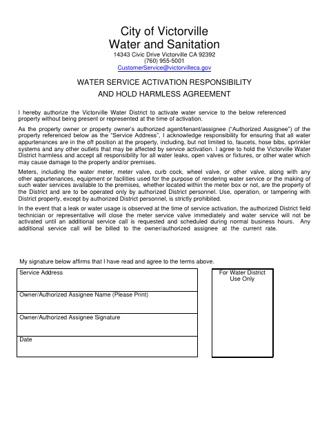 First page of the Water Service Activation Responsibility and Hold Harmless Agreement