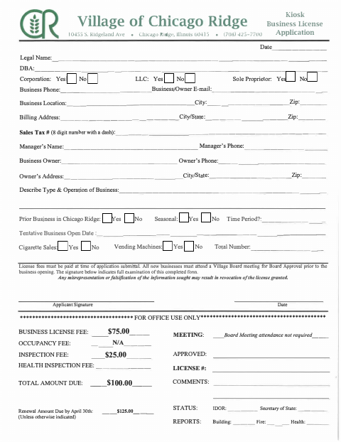 First page of the Kiosk Business License Application
