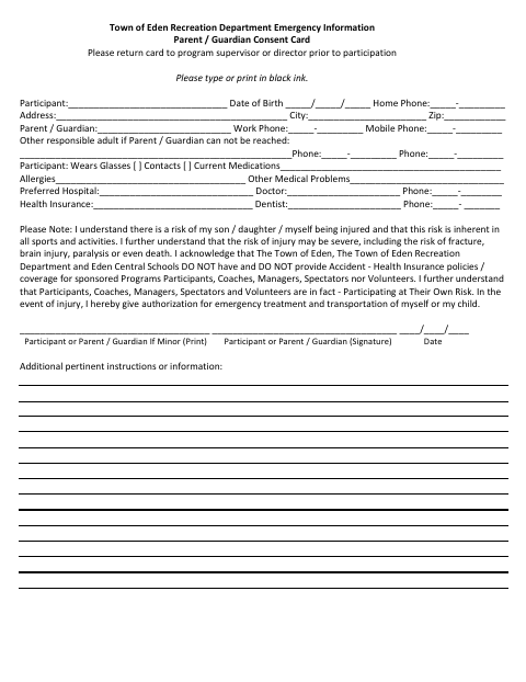 First page of the Recreation Department Emergency Information Parent/Guardian Consent Card