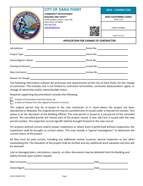 First page of the Application for Change of Contractor