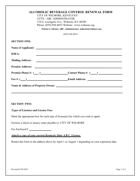 First page of the Alcoholic Beverage Control Renewal Application