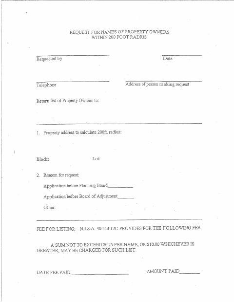First page of the Request for Names of Property Owners Within 200 Foot Radius