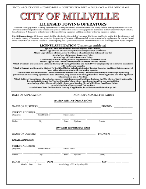 First page of the Towing Operator License Application