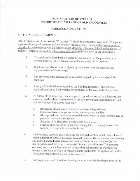 First page of the Zoning Board of Appeals Variance Application