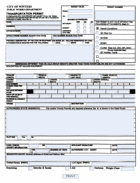 First page of the Transportation Permit (Oversized Equipment)
