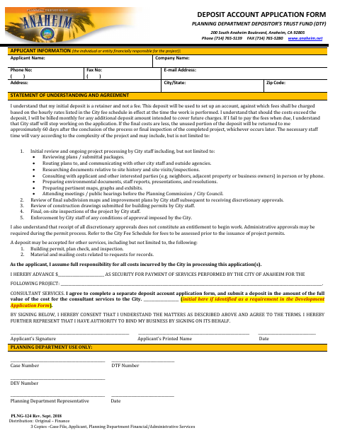 First page of the Deposit Account Application Form